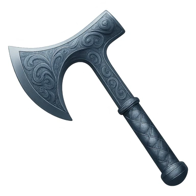 Recolor this weapon to match the blueish-gray steel color and ornate engravings of the reference helmet. Emphasize the cool metallic finish and detailed engravings, matching the helmet exactly. Transparent background. The style should reflect a cool metallic look with detailed engravings as seen in the helmet reference. sticker