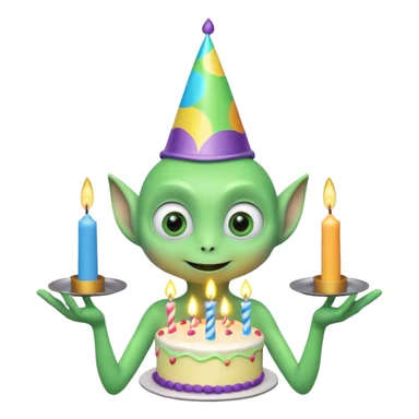 A cute friendly alien holding a birthday cake with candles, big expressive eyes, bright colors, cartoon style, playful atmosphere, 3D animated look, Pixar-inspired, highly detailed
 sticker