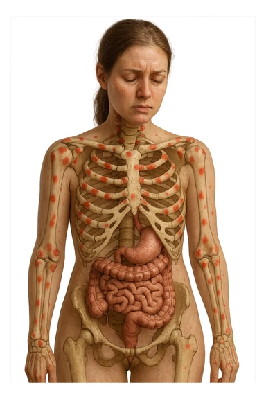 corpo umano anatomico di una donna affetta da fibromialgia, intestino anatomico realistico e red spot sparsi sulle sue ossa, iperrealistica 4k sticker