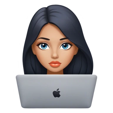 Glamours tanned very beautiful girl with big pump peach lips and almost black straight smooth silky long hair, blue-grey eyes with MacBook sticker