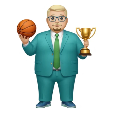 Full Body white fat male  wearing glasses with a goatee with light blonde gray very short hair basketball head Coach in blue and green suit holding trophy sticker
