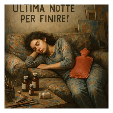 Young artist sleeping on a paint-stained sofa, above the Italian text 'Ultima notte per finire!', medicine bottles and hot water bottle next to her as supplies, creative and chaotic atmosphere, hyperrealism 4K, Italian text. sticker