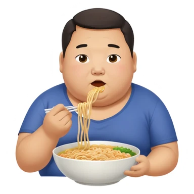 Fat asian man bursting out of clothes while eating noodles sticker