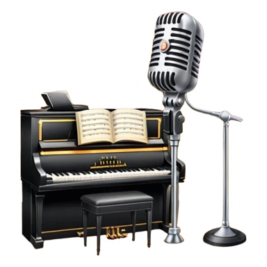 Icon for 50s American Musical Theater: a retro stage with neon lights, a classic microphone, musical notes, vintage theater curtains, and Broadway-style elements. Avoid focusing solely on the piano. Transparent background. sticker