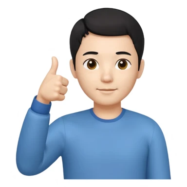 3D avatar of a Korean male frontend developer,
short black hair with clean 5:5 middle part,
no glasses,
one hand making thumbs up gesture,
calm and friendly expression,
minimal professional style sticker