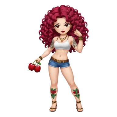 full body woman long curly brown hair brown eyes white skin tattoos muscular build cherry twin fruit hair ornaments, flirty battle pose sticker