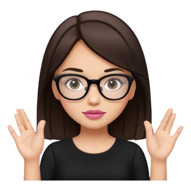 a cute white brunette girl in a black dress wearing glasses  with two hands  sticker