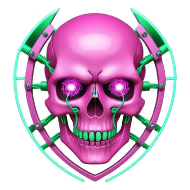 Cyberpunk shield, skull with cybernetic implants, glowing wires, dark electric pink and green tones, no background sticker