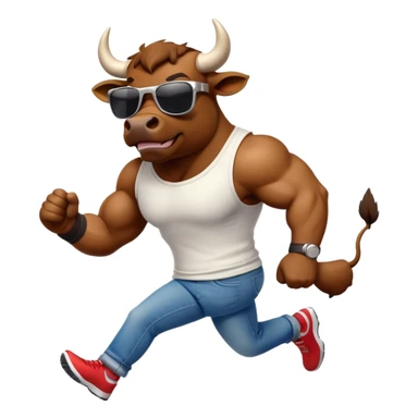 friendly anthropomorphised bull in jeans and a t-shirt, wearing dark sunglasses, jogging upright sticker