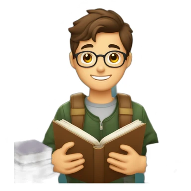 joven estudiante atiborrado de libros, sonriente y muy feliz con un libro en sus manos y en su cabeza, junto a muchos libros y una lampara sticker