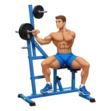 side-view bodybuilder in blue shorts seated weighted calf-raise machine on his tip toes sticker