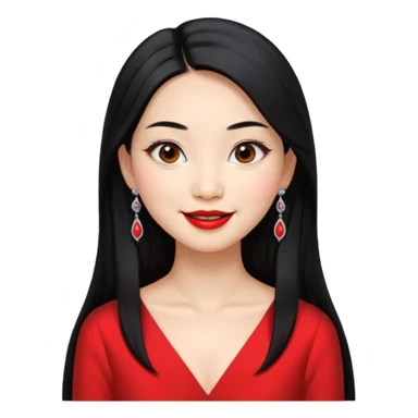 30 yr old asian woman, middle parted straight long black hair, very pretty, fancy dress, earings, red lipstick, silver earings sticker