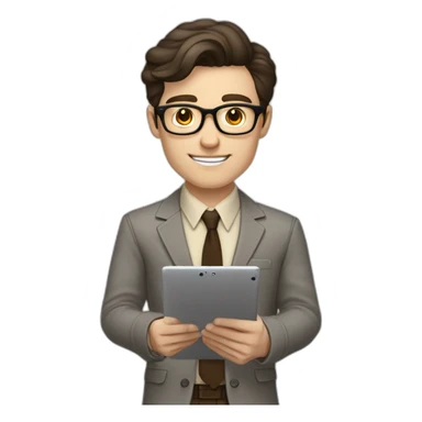 Pale skinned fit man with dark brown hair in gray jacket, beige office shirt, brown tie, brown pants and vintage glasses Writing on the tablet sticker