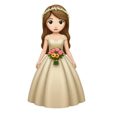 Chica blanca, cabello castaño, recogido en moño alto con mechones, vestido novia de manga larga, cuerpo entero, ramo de flores en una mano sticker
