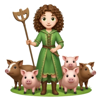 happy young shepard, long curly brown hair, in green magical outfit, with wooden shepard stick in hand, taking care of pigs sticker