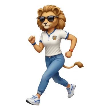 confident female lion jogging upright wearing baseball shirt, jeans, trainers, dark sunglasses, friendly expression sticker