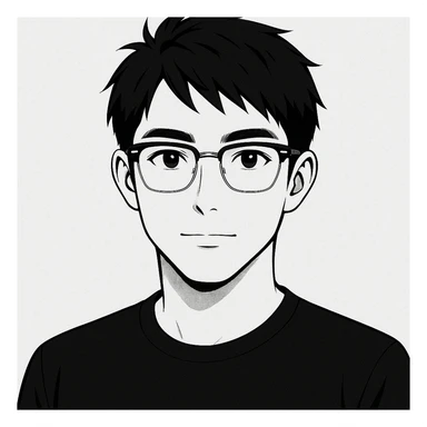 Create a half portrait in black and white anime style of an Asian male age 25, wearing Ray-Ban half frame glasses and a black t-shirt. Maintain the anime aesthetic with clear facial features and the specified accessories. sticker