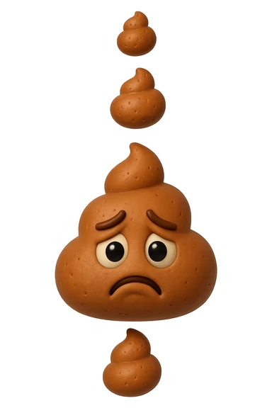 EMOJI STILE IPHONE 3D DI palline di cacca tristi che cadono dall'alto verticalmente, iperrealistico 4k sticker