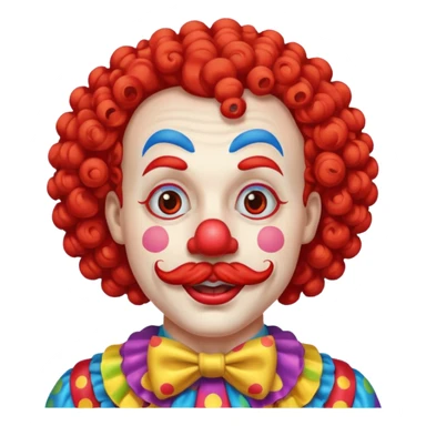 Classic clown — curly mustache, red nose sticker