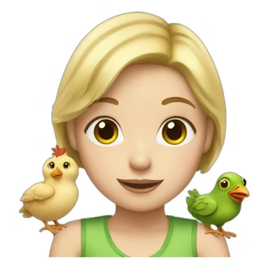 girl with short blond hair with green eyes and pet frog and two chickens sticker