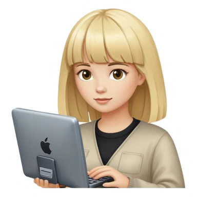 a girl with blonde hair and bangs with a computer in her hands sticker