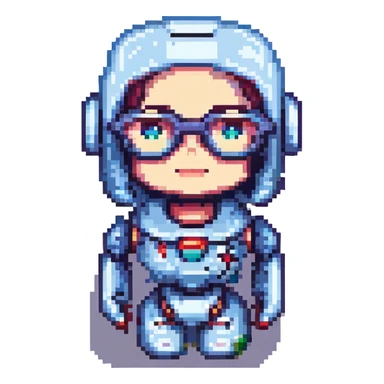 portrait of a cute female recruiter robot, 8-bit pixel art style, metallic, with glasses sticker