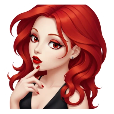a pretty woman with long red hair and red eyes. The woman wear a black little cutted dress. She have red lipstick and she have a seductive look. She send a kiss sticker