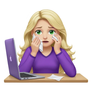 lady with long wavy blonde hair, purple top, green eyes, at desk with hand holding tissue to her eye and crying, with a purple mac laptop  sticker