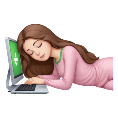 pretty woman with very long brown hair and green eyes and light pink outfit sleeping working on a computer sticker