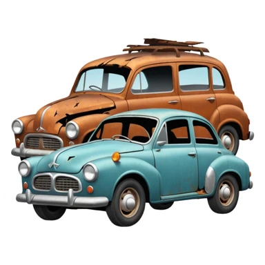 Side view of a broken-down old car with steam from the bonnet, shattered windows, rusted doors, a flat tire, dents, peeling paint, and a grimy, neglected look. sticker