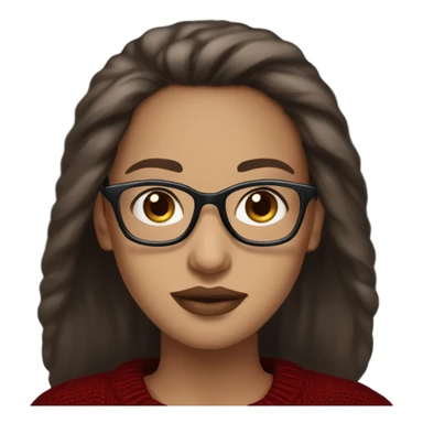 light skin, dark brown hair, blue eyes, long straight hair, girl wearing aesthetic dark red sweater, glasses, light colored lips sticker