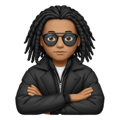 African American man with shoulder length black dreadlocks wearing black sunglasses with black bubble winter coat with arms folded sticker