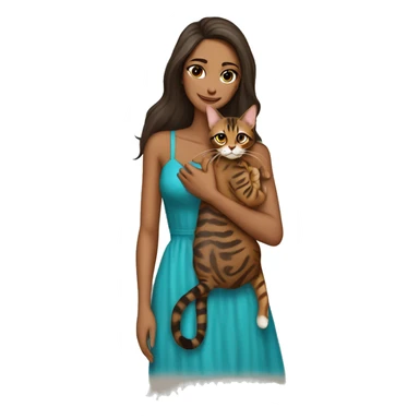 Beautiful skinny woman long dark brown hair in dress hug bengal cat sticker