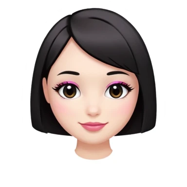 Round face, almond-shaped black eyes, rosy cheeks, jet-black straight bob haircut, small pink lips grinning softly.  sticker
