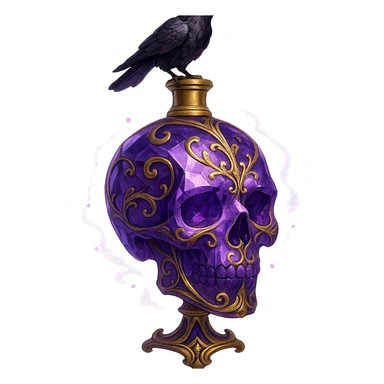 luxurious crystal elixir bottle in the shape of a skull, violet color, lots of glowing, facets, ornaments, golden details, magical effects, very small golden neck, transparent background, beautiful connected base, clearly floating in the air, no base or shadow, small crow sitting on top of the bottle, premium class design, matching the collection sticker
