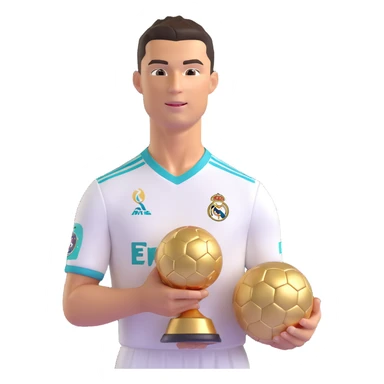 Cristiano Ronaldo in Real Madrid soccer uniform holding the Golden Ball trophy sticker