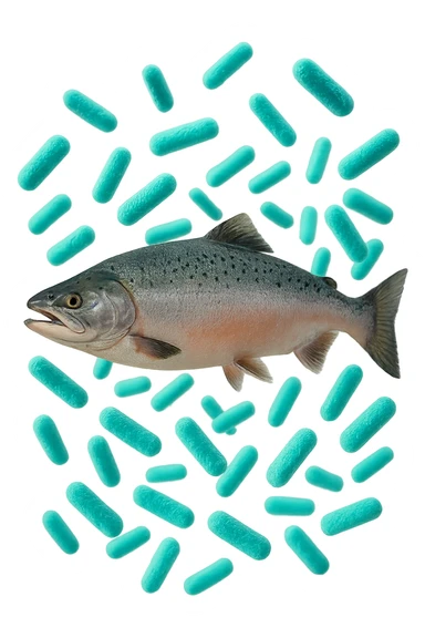 batteri intestinali rosa salmone e turchesi fluttuano in aria, iperrealistici 4k sticker