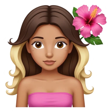 tan girl with dark brown hair and blonde highlights with a hibiscus flower in her hair wearing a pink tube top with tan lines showing sticker