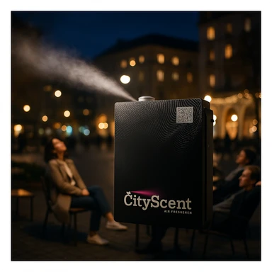 Add a soft, realistic scent mist effect coming from the left side of the CityScent air freshener machine. The scene is realistic, with people relaxing and enjoying the scent in a city square at nightfall. sticker