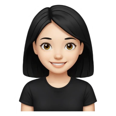 a pretty bratz fair girl with straight black hair, wearing a black tshirt, smiling sticker