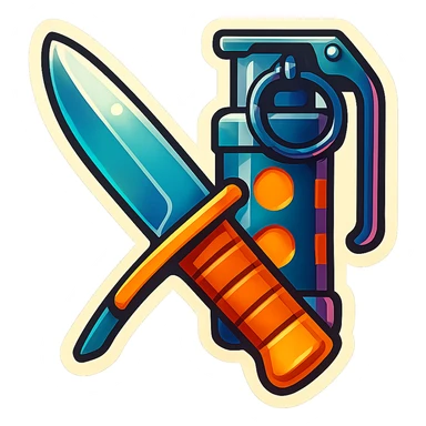 a crossed combat blade and flashbang, square symmetrical framing, 90s futuristic sticker