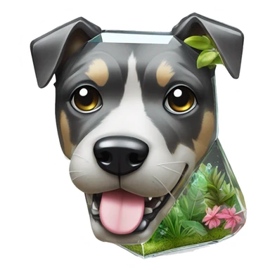 A dog made of glass mirror crystals prisms glass transparent filled with plants as a terrarium with graffiti doodles sticker