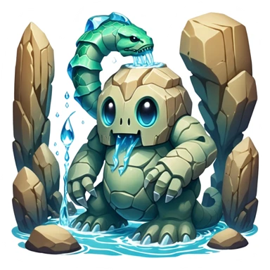 Design a unique elemental sandstone guardian golem creature that combines the crystalline rock golem's defensive fortitude with the spectral water serpent's fluid grace, perhaps creating a being with a segmented stone core that flows like water and channels ghostly aquatic energy through embedded gems. fluorescent bioluminescence between the cracks sticker