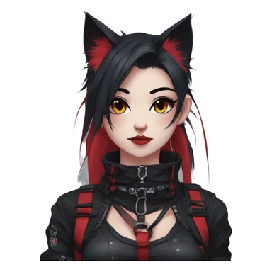 Gorgeous gothic dark techwear anime style anthro cat furry with blushing face aesthetic and pretty edgy black red punk messy ponytail hair with collar and harness trending style sticker