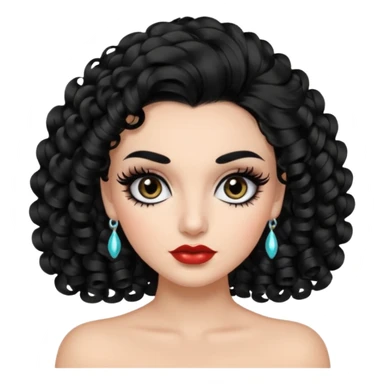 generate the emoji of a girl with fair skin, black hair, bombshell curls, black eyes, long false eyelashes, black eyebrows, latina makeup sticker