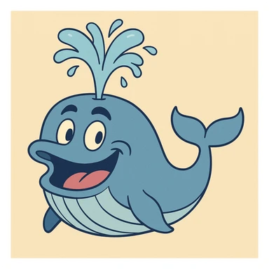 a blue whale spouting water, minimal shading, playful expression, flat toon style sticker