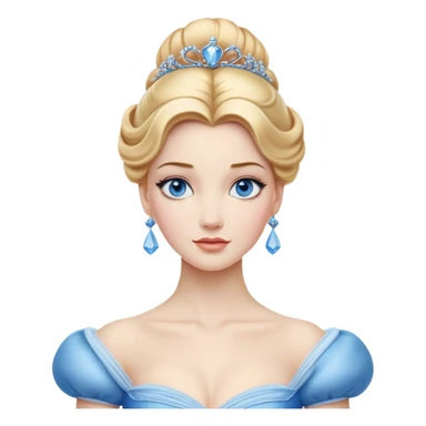 Cinematic Realistic Noble Cinderella Portrait, depicted with porcelain skin rendered in lifelike detail and soft, natural lighting that highlights every delicate nuance. Her intricately styled golden-blonde hair is arranged in an elegant updo, and her deep, expressive blue eyes radiate quiet determination. She wears her classic ball gown with rich fabric textures and delicate folds catching the light beautifully, all set against a subtly glowing, natural background that captures the essence of timeless royal grace. sticker