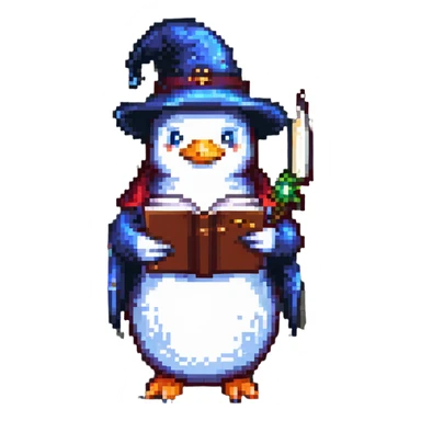 pixel art penguin wizard holding an open spellbook sticker