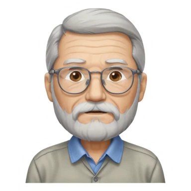 old man with long hair and beard wearing glasses with shirt sticker