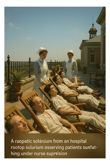 A realistic cinematic image of a hospital rooftop solarium from the 1900s, patients sunbathing under nurse supervision for heliotherapy against tuberculosis and rickets. sticker